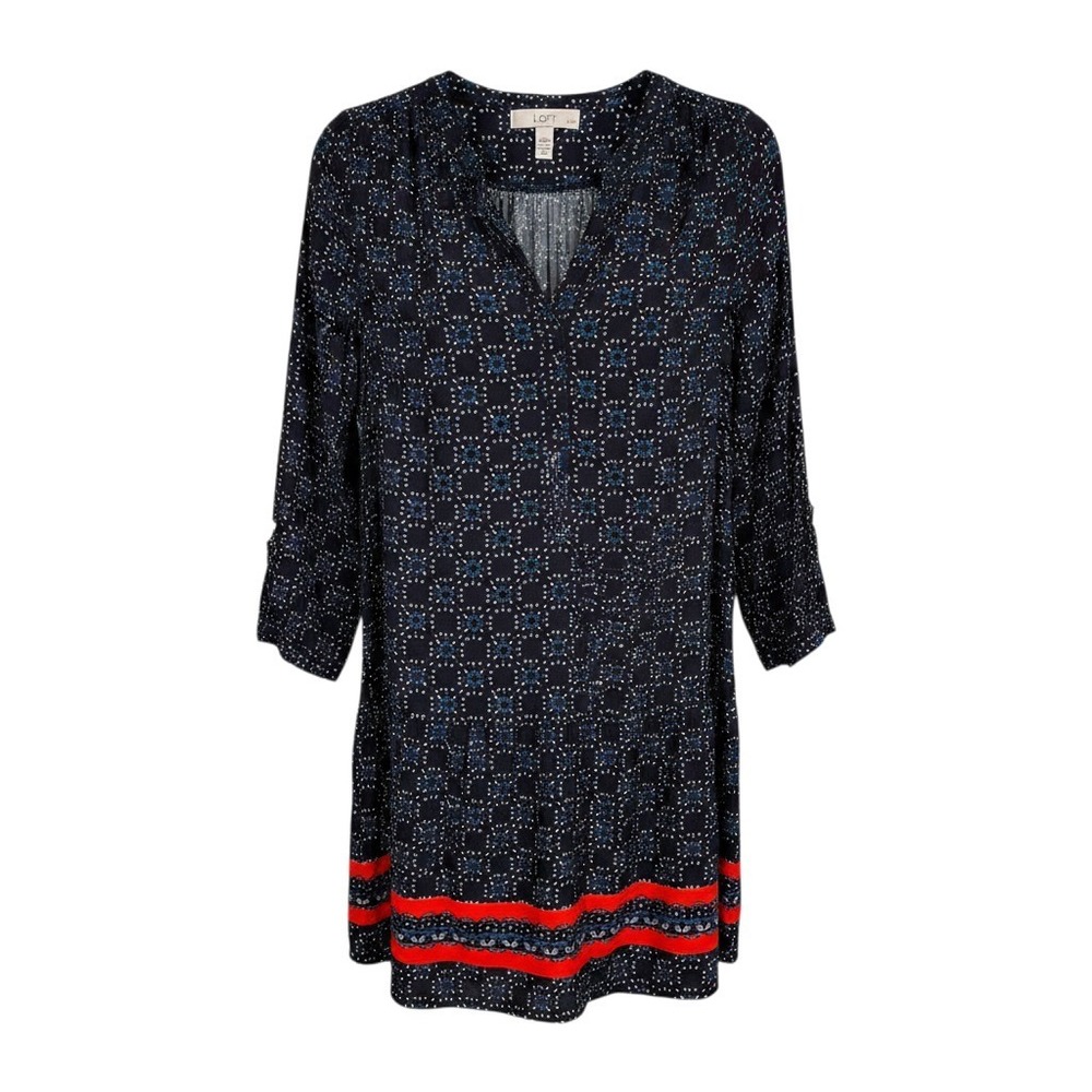 Loft Petite Navy Blue Medallion Print Shift Dress Coral Border SP Long Sleeve